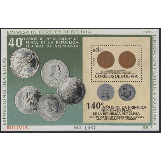 Bolivia HBM-205 Exp. Filatélicas 140 Años monedas bolivianas de plata MNH