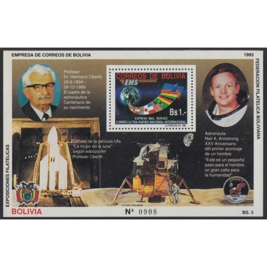 Bolivia HBM-207 Exposiciones Filatélicas Dr Hermann Oberth Cohete Astronauta MNH