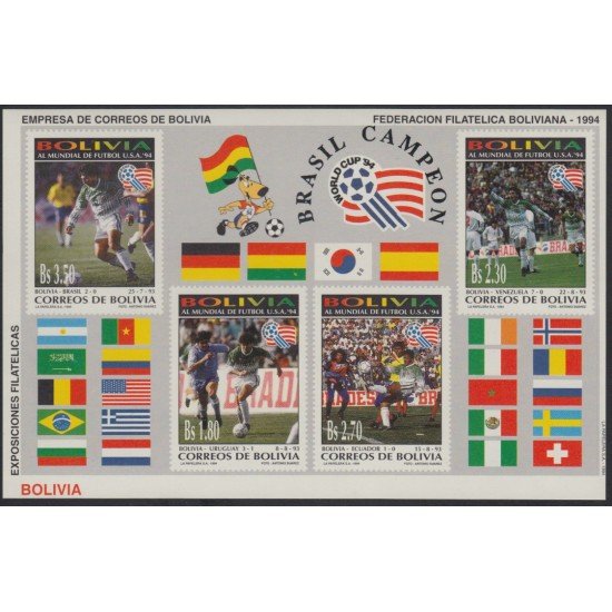 Bolivia HBM-210 Mundial de Fútbol en EUA 1994 Brasil Campeón MNH Bolivia HBM-210 Mundial de Fútbol en EUA 1994 Brasil Campeón MNH