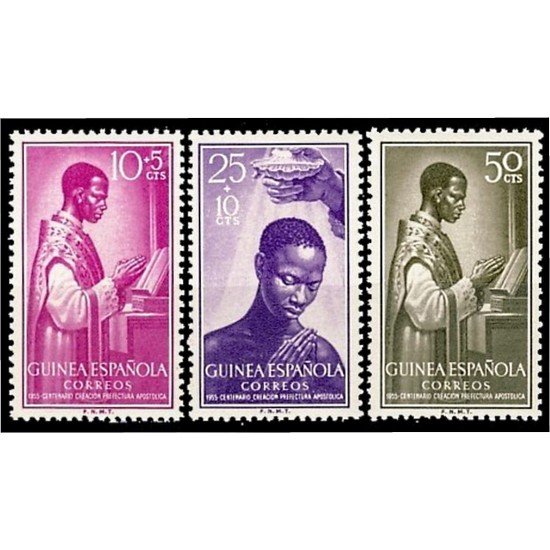 Guinea Española 344/46 1955 Centº prefectura Apostólica Fernando Poo Annobón y Corisco Sacerdote indígena-Bautizo MNH