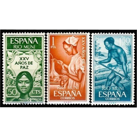 Rio Muni 60/62 1965 XXV Años de Paz Alegoría Enfermera Transporte fluvial Peace MNH Rio Muni 60/62 1965 XXV Años de Paz Alegoría Enfermera Transporte fluvial Peace MNH