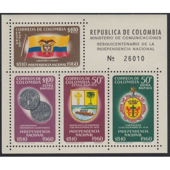 Colombia HB 19 1960 Aniversario Independencia Escudo Bandera MH