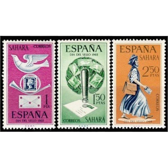 Sahara 268/70 1968 Día del Sello Alegoría - Matasellos - Cartero MNH Sahara 268/70 1968 Día del Sello Alegoría - Matasellos - Cartero MNH