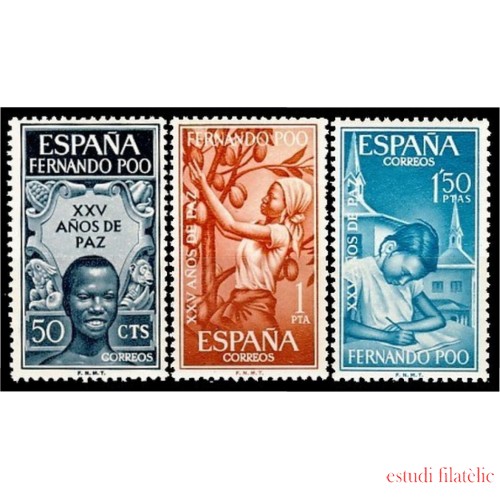 Fernando Poo 239/41 1965 XXV Aniv. de Paz Española Alegoría-Recolección-Escuelas MNH 