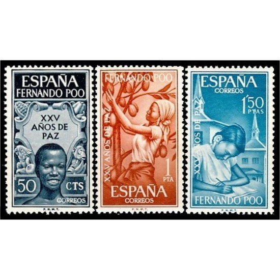 Fernando Poo 239/41 1965 XXV Aniv. de Paz Española Alegoría-Recolección-Escuelas MNH