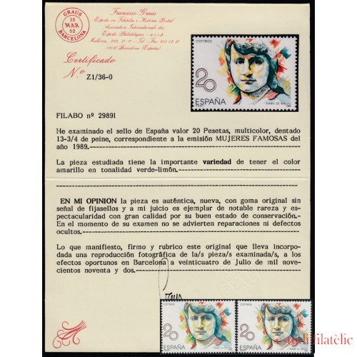 España Spain Variedad 2989l 1989 Maria de Maeztu Error Certif. Graus