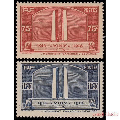 France Francia 316/17 1936 Inauguración monumento a los caídos Canadienses (Vimy) MNH