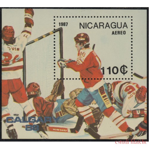 Nicaragua HB 181A 1987 Juegos olímpicos de Invierno en Canadá Hockey MNH