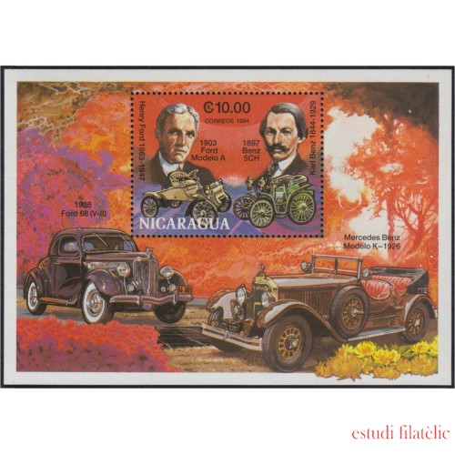 Nicaragua HB 224 1994 Automóviles Retratos de Henry Ford y Karl Benz MNH
