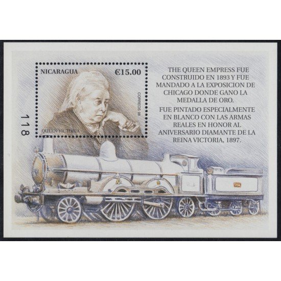 Nicaragua HB 278A 1998 Tren Train Retrato de Reina Victoria MNH Nicaragua HB 278A 1998 Tren Train Retrato de Reina Victoria MNH