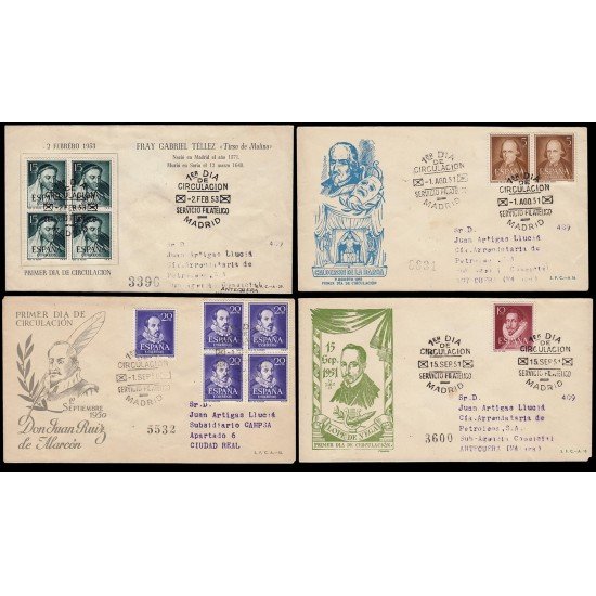 España Spain 1071/74 1950/53 Literatos SPD Sobre Primer Día España Spain 1071/74 1950/53 Literatos SPD Sobre Primer Día