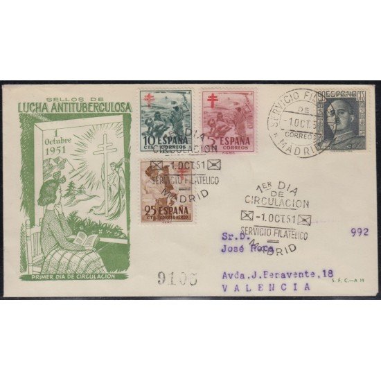 España Spain 1103/05 1951 Pro Tuberculosos SPD Sobre Primer Día España Spain 1103/05 1951 Pro Tuberculosos SPD Sobre Primer Día