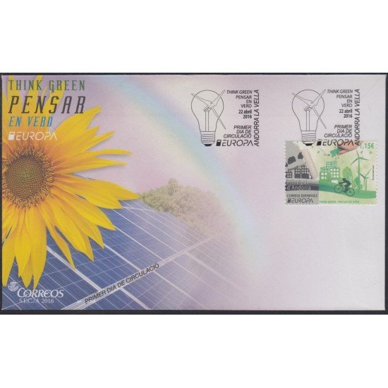 Andorra Española 442 2016 Europa piensa en verde SPD Sobre Primer día Andorra Española 442 2016 Europa piensa en verde SPD Sobre Primer día