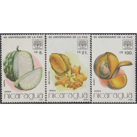 Nicaragua A- 1143/45 1986 40º Aniversario de la FAO Emblema y frutas MNH Nicaragua A- 1143/45 1986 40º Aniversario de la FAO Emblema y frutas MNH