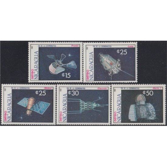 Nicaragua A- 1180/84 1987 Día de la Cosmonautica Satélites MNH Nicaragua A- 1180/84 1987 Día de la Cosmonautica Satélites MNH