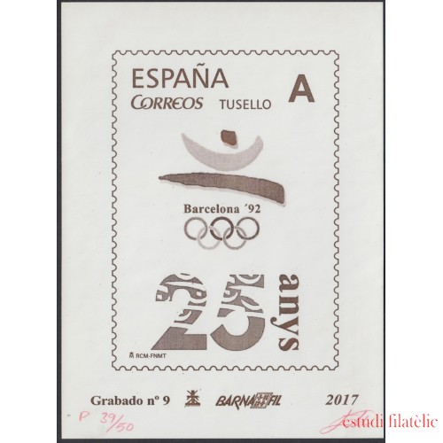España Spain Grabado 9 Barnafil 2017 25 Aniv. JJOO Barc. 92 Olimpiadas Tirada 50