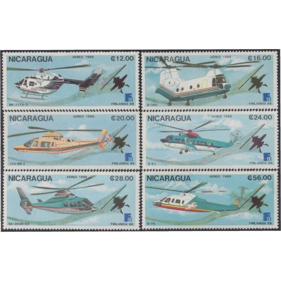 Nicaragua A- 1234/39 1988 Finlandia 88 Exposición Filatélica Mundial en Helsinki Helicópteros MNH Nicaragua A- 1234/39 1988 Finlandia 88 Exposición Filatélica Mundial en Helsinki Helicópteros MNH