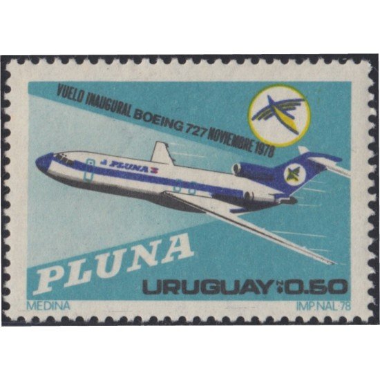 Uruguay 1009 1978 Vuelo Inaugural de un Boeing 727 de la compañía Pluna MNH Uruguay 1009 1978 Vuelo Inaugural de un Boeing 727 de la compañía Pluna MNH