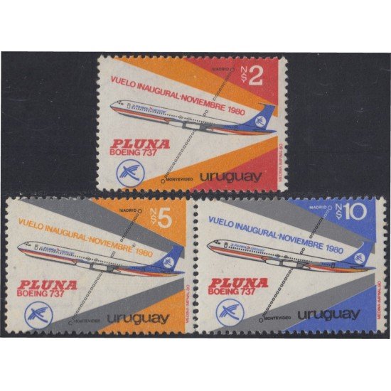 Uruguay 1077/79 1981 Vuelo inaugural de la Compañía Pluna entre Montevideo y Madrid MNH Uruguay 1077/79 1981 Vuelo inaugural de la Compañía Pluna entre Montevideo y Madrid MNH