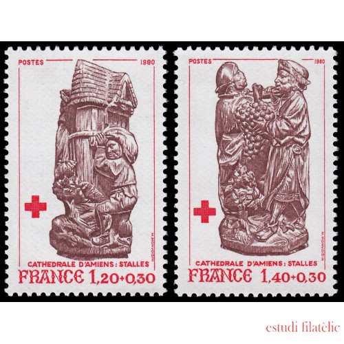 France Francia 2116/17 1980 Estatuas de la catedral de Amiens Sorteo de la Cruz Roja MNH