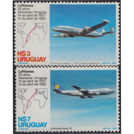 Uruguay 1103/04 1982 25 Años de la línea aérea Lufthansa en Uruguay Avión MNH Uruguay 1103/04 1982 25 Años de la línea aérea Lufthansa en Uruguay Avión MNH