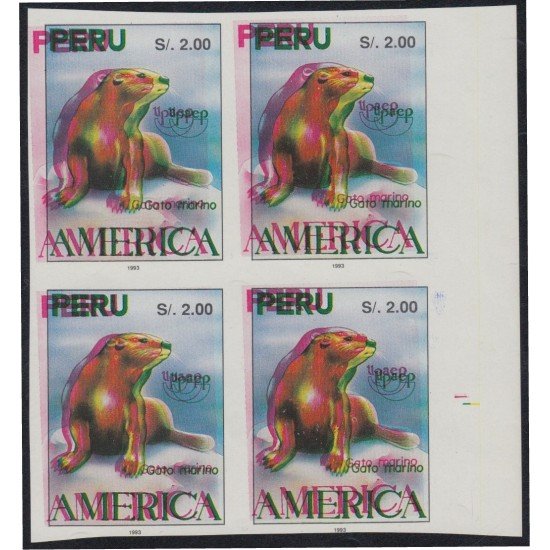 Upaep 1993 Perú Fauna Gato marino sin dentar variedad variety bl.4 3 colores Upaep 1993 Perú Fauna Gato marino sin dentar variedad variety bl.4 3 colores