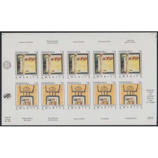 Upaep 1992 Venezuela 1601/02 Sin dentar Imperforated minihojita MNH Upaep 1992 Venezuela 1601/02 Sin dentar Imperforated minihojita MNH