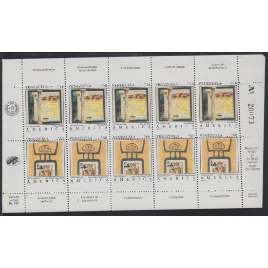 Upaep 1992 Venezuela 1601/02 minihojita Error variedad variety MNH Upaep 1992 Venezuela 1601/02 minihojita Error variedad variety MNH