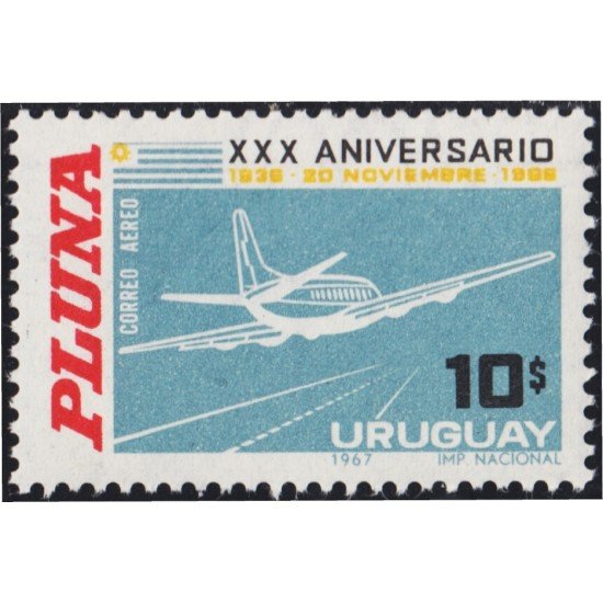 Uruguay A- 315 1967 30º Aniversario de servicios aéreos PLUNA Avión MNH Uruguay A- 315 1967 30º Aniversario de servicios aéreos PLUNA Avión MNH