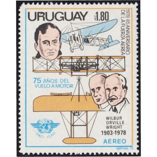 Uruguay A- 412 1979 Hermanos Wright Avionetas 65º Aniversario de las Fuerzas Aéreas MNH