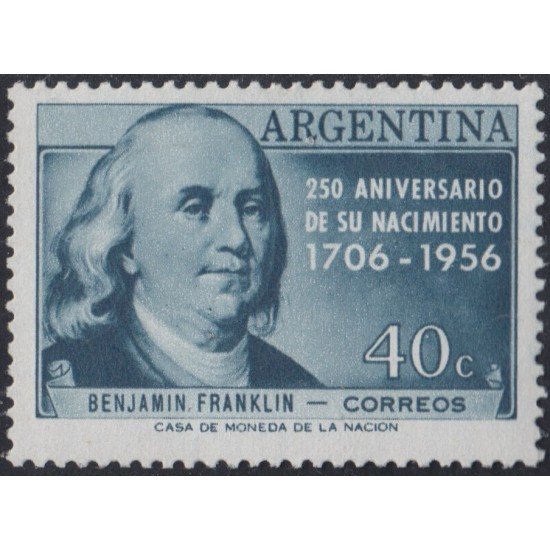 Argentina 571 1956 250 Años del Nacimiento de Benjamin Franklin MNH Argentina 571 1956 250 Años del Nacimiento de Benjamin Franklin MNH