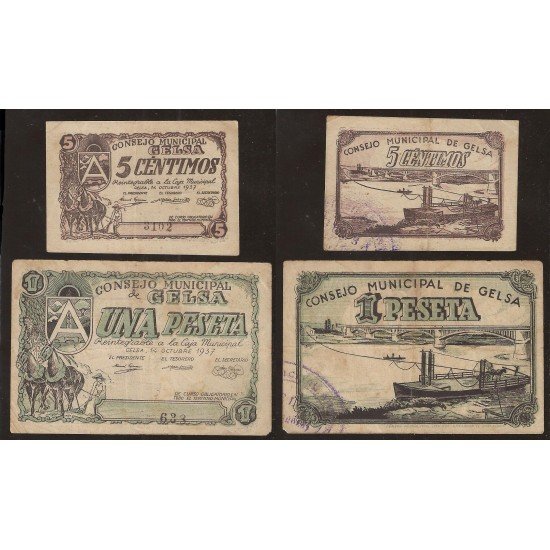 Billete local 1937 Consejo Municipal de Gelsa ( Zaragoza ) 5 Cts. y 1 Peseta Billete local 1937 Consejo Municipal de Gelsa ( Zaragoza ) 5 Cts. y 1 Peseta