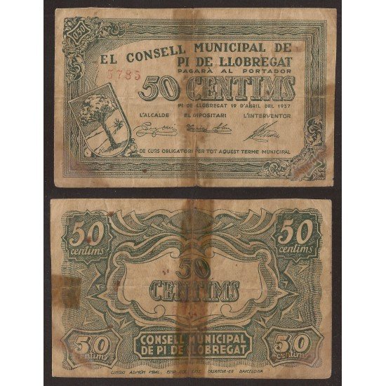 Billete local 1937 Ajuntament de Pi de Llobregat  50 Cts.