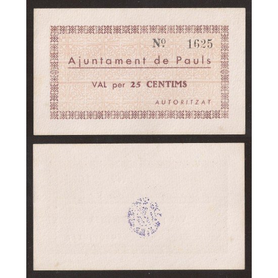 Billete local 1937 Ajuntament de Paüls  25 Cts.