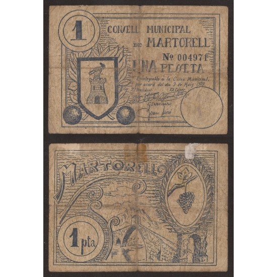 Billete local 1937 Ajuntament de Martorell 1 Peseta Billete local 1937 Ajuntament de Martorell 1 Peseta
