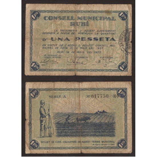 Billete local 1937 Ajuntament de Rubí 1 Peseta