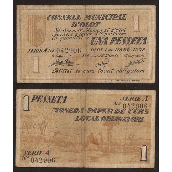 Billete local 1937 Ajuntament de Olot  1 Peseta