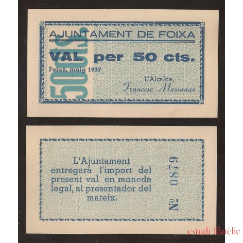 Billete local 1937 Ajuntament de Foixà  50 Cts. 