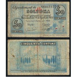 Billete local 1937 Ajuntament de Solsona 50 Cts. Billete local 1937 Ajuntament de Solsona 50 Cts.