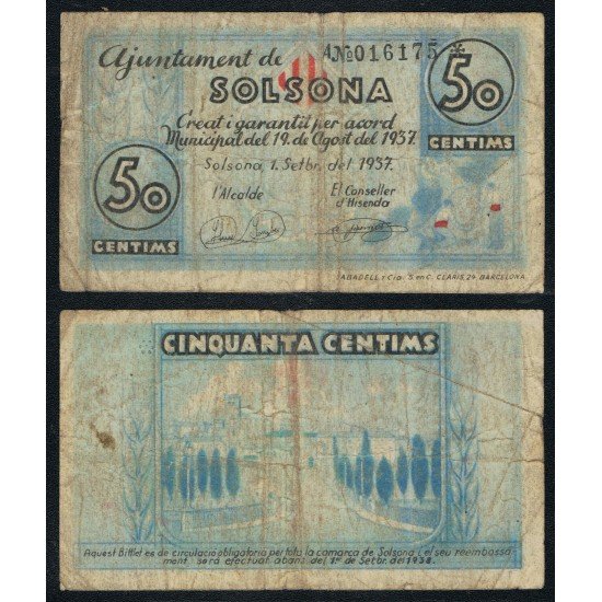 Billete local 1937 Ajuntament de Solsona 50 Cts. Billete local 1937 Ajuntament de Solsona 50 Cts.
