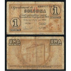 Billete local 1937 Ajuntament de Solsona 1 Peseta Billete local 1937 Ajuntament de Solsona 1 Peseta