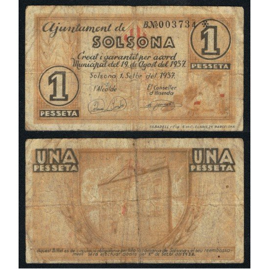 Billete local 1937 Ajuntament de Solsona  1 Peseta