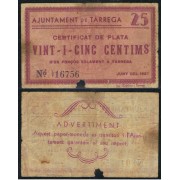 Billete local 1937  Ajuntament de Tàrrega  25 Cts.