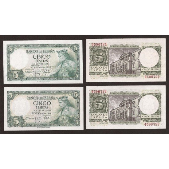España Billete 5 Pesetas 22 julio 1954 Pareja Sin Serie SC España Billete 5 Pesetas 22 julio 1954 Pareja Sin Serie SC