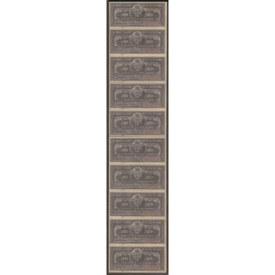 Billete de Cuba Banco de España 20 Centavos 1897 SC en Bloque de 10 sin cortar Billete de Cuba Banco de España 20 Centavos 1897 SC en Bloque de 10 sin cortar
