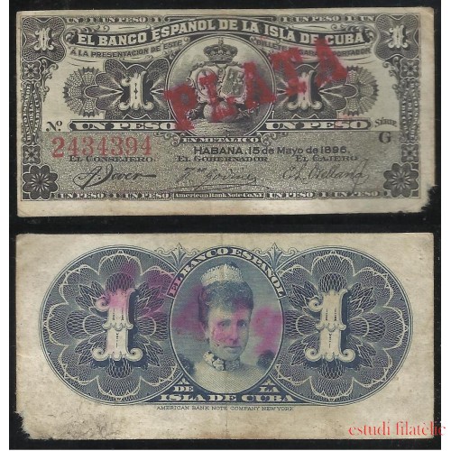 Billete de Cuba Banco de España  1 Peso 1896  BC
