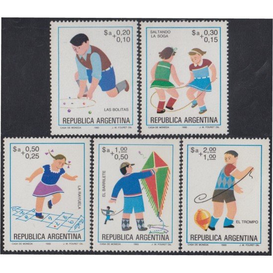 Argentina 1361/65 1983 juegos de niños Trompo barrilete Rayuela soga bolitas MNH Argentina 1361/65 1983 juegos de niños Trompo barrilete Rayuela soga bolitas MNH