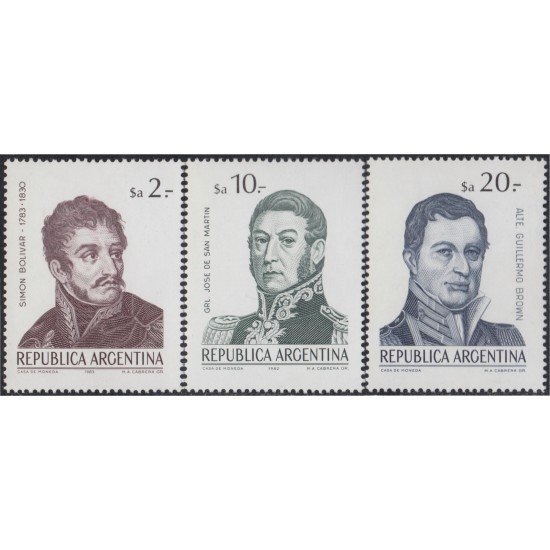 Argentina 1373/75 1983 Personalidades Bolívar San Martín Guillermo Brown MNH Argentina 1373/75 1983 Personalidades Bolívar San Martín Guillermo Brown MNH