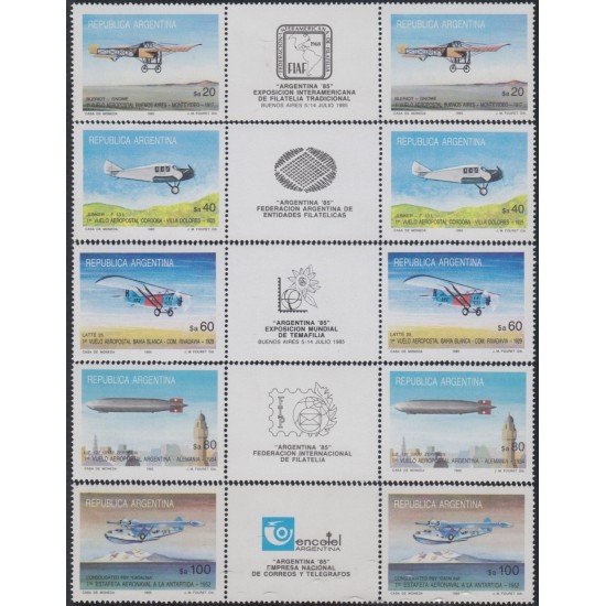 Argentina 1457a/61a 1985 Historia del aeropostal Argentino Avioneta MNH Argentina 1457a/61a 1985 Historia del aeropostal Argentino Avioneta MNH