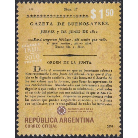 Argentina 2854 2010 Bicentenario de la 1ra aparición semanal la Gazeta de Buenos Aires MNH Argentina 2854 2010 Bicentenario de la 1ra aparición semanal la Gazeta de Buenos Aires MNH